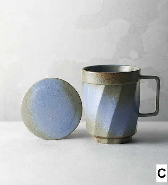 Creative Brown Green Blue Black Ceramic Coffee Mugs, Large Modern Handmade Pottery Coffee Cup, Large Unique Tea Cup, Large Capacity Coffee Mug with Cover-HomePaintingDecor