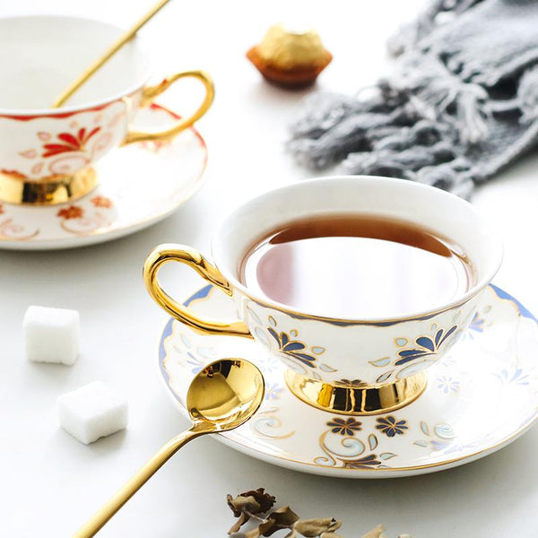 Tea Cups and Saucers, Coffee Cups with Gold Trim and Gift Box, British Tea Cups, Porcelain Coffee Cups, Latte Coffee Cups-HomePaintingDecor