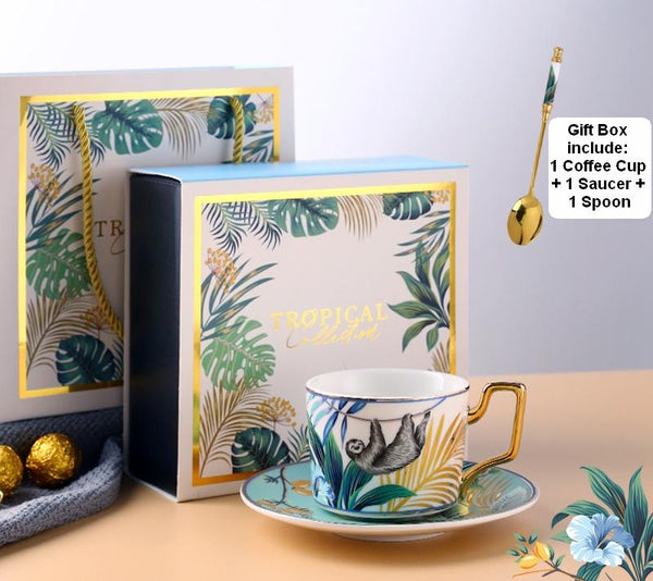 Jungle Animals Porcelain Coffee Cups, Coffee Cups with Gold Trim and Gift Box, 7.4 oz Tea Cup and Saucer-HomePaintingDecor