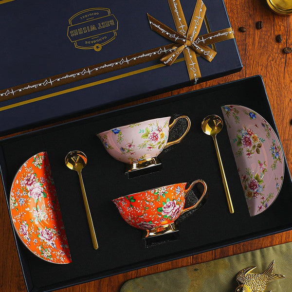 Porcelain Tea Cup Saucer Set, Floral Ceramic Coffee Cup with Saucer, Beautiful British Tea Cup and Saucer, Flower Tea Cup and Saucer Set in Gift Box-HomePaintingDecor