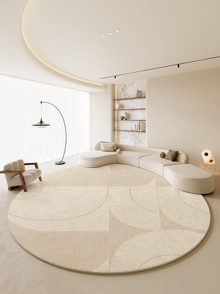 Geometric Circular Rugs for Dining Room, Cream Color Contemporary Modern Rugs, Modern Rugs under Coffee Table, Abstract Modern Round Rugs for Bedroom-HomePaintingDecor
