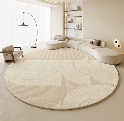 Geometric Circular Rugs for Dining Room, Cream Color Contemporary Modern Rugs, Modern Rugs under Coffee Table, Abstract Modern Round Rugs for Bedroom-HomePaintingDecor