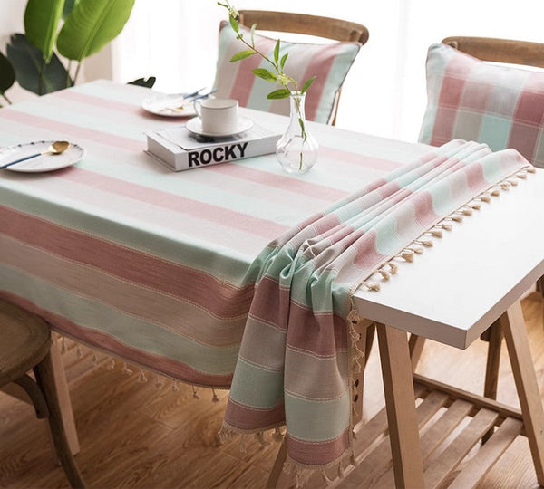 Rectangular Tablecloth for Oval Table, Rectangular Table Covers for Coffee Table, Pink Stripe Cotton and Linen Tablecloths, Modern Table Cloths for Dining Room-HomePaintingDecor