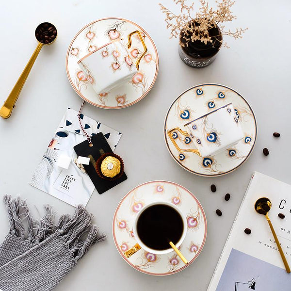 Peacock Tail Pattern Porcelain Coffee Cups, British Tea Cups, Coffee Cups with Gold Trim and Gift Box, Tea Cups and Saucers-HomePaintingDecor