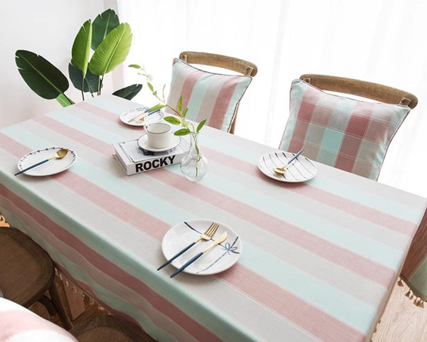 Pink Stripe Cotton and Linen Tablecloths, Rectangular Tablecloth for Oval Table, Rectangular Table Covers for Coffee Table, Modern Table Cloths for Dining Room-HomePaintingDecor