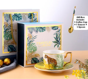 Coffee Cups with Gold Trim and Gift Box, Jungle Leopard Pattern Porcelain Coffee Cups, Tea Cups and Saucers-HomePaintingDecor