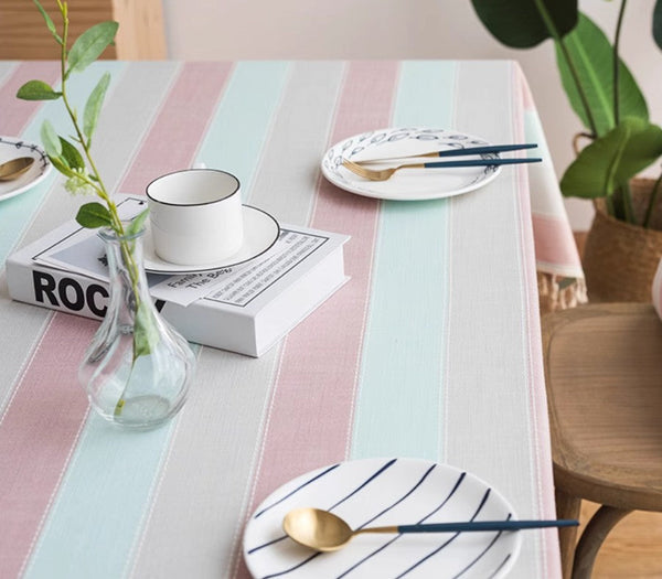 Pink Stripe Cotton and Linen Tablecloths, Rectangular Tablecloth for Oval Table, Rectangular Table Covers for Coffee Table, Modern Table Cloths for Dining Room-HomePaintingDecor