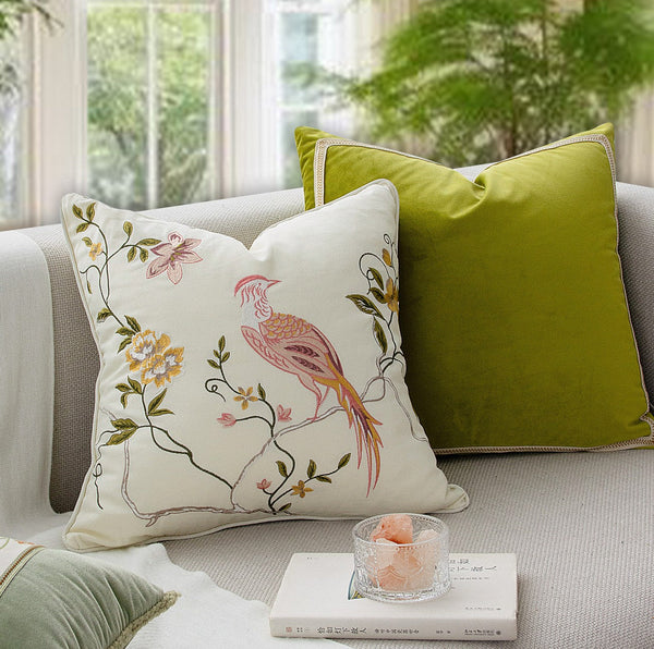 Living Room Decorative Pillows, Modern Decorative Cushions, Decorative Pillows for Bed, Decorative Pillow Arrangement Ideas for Interior Design, Embroidered Floral Bird Pattern Pillow Covers-HomePaintingDecor