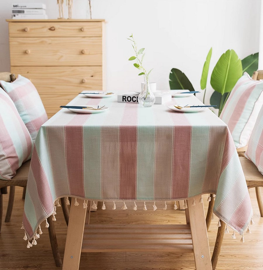 Rectangular Tablecloth for Oval Table, Rectangular Table Covers for Coffee Table, Pink Stripe Cotton and Linen Tablecloths, Modern Table Cloths for Dining Room-HomePaintingDecor