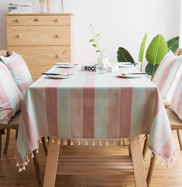 Rectangular Tablecloth for Oval Table, Rectangular Table Covers for Coffee Table, Pink Stripe Cotton and Linen Tablecloths, Modern Table Cloths for Dining Room-HomePaintingDecor
