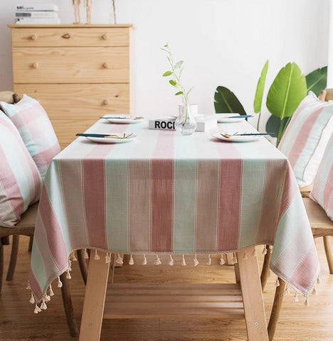 Rectangular Tablecloth for Oval Table, Rectangular Table Covers for Coffee Table, Pink Stripe Cotton and Linen Tablecloths, Modern Table Cloths for Dining Room-HomePaintingDecor