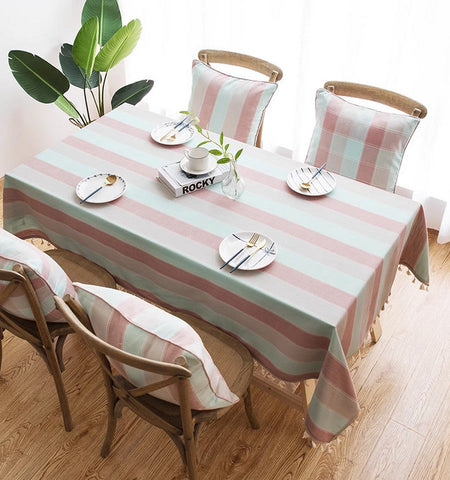 Pink Stripe Cotton and Linen Tablecloths, Rectangular Tablecloth for Oval Table, Rectangular Table Covers for Coffee Table, Modern Table Cloths for Dining Room-HomePaintingDecor