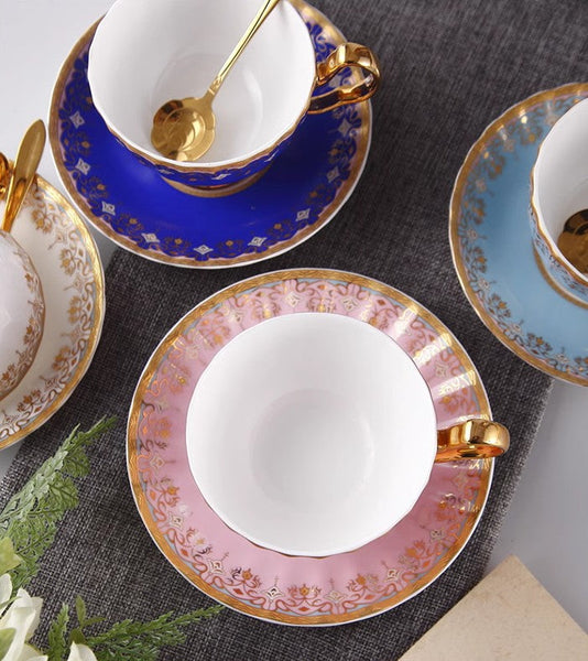 Unique British Tea Cup and Saucer in Gift Box, Pink Blue White Porcelain Tea Cup Saucer Set, Elegant British Ceramic Coffee Cups for Traditional Afternoon Tea-HomePaintingDecor
