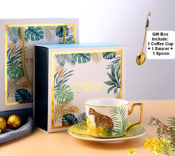 Elegant Tea Cup and Saucer, Jungle Toucan Pattern Porcelain Coffee Cups, 7.4 oz Coffee Cups with Gold Trim and Gift Box-HomePaintingDecor