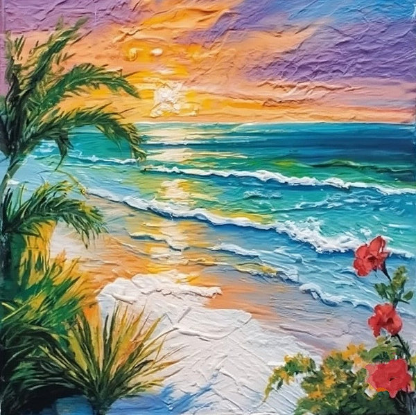 Heavy Texture Canvas Art, Small Palette Knife Oil Paintings, Original Small Landscape Paintings, Florida Seashore Beach Flower Painting, Easy Landscape Painting Ideas, Simple Small Canvas Paintings-HomePaintingDecor