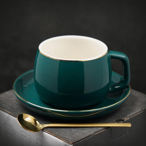 Ceramic Cup, Round Coffee Cup and Saucer Set, Green Coffee Cup, Back Coffee Mug, White Coffee Cups, Tea Cup-HomePaintingDecor