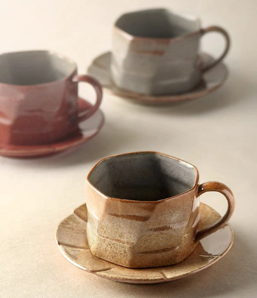 Unique Tea Cup and Saucer, 8 oz Modern Handmade Pottery Coffee Cup, Creative Ceramic Coffee Cup with Saucer, Tea Cup Set for Traditional Afternoon Tea-HomePaintingDecor