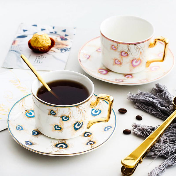 Peacock Tail Pattern Porcelain Coffee Cups, British Tea Cups, Coffee Cups with Gold Trim and Gift Box, Tea Cup and Saucer-HomePaintingDecor