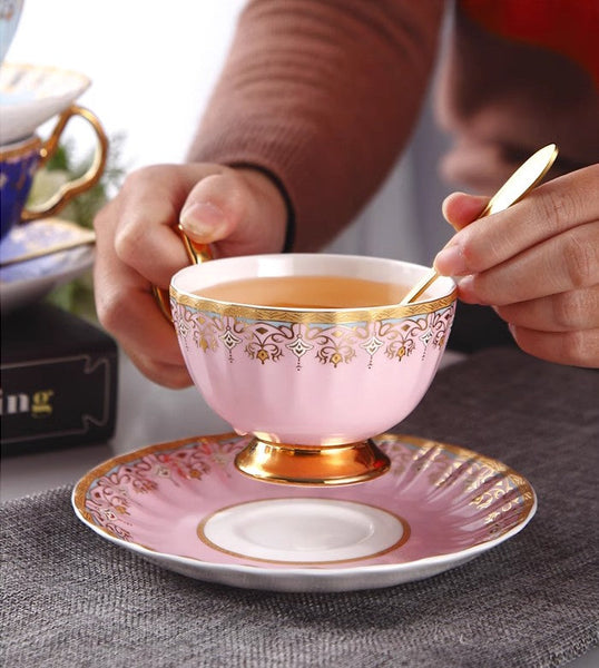 Pink Blue White Porcelain Tea Cup Saucer Set, Unique British Tea Cup and Saucer in Gift Box, Elegant British Ceramic Coffee Cups for Traditional Afternoon Tea-HomePaintingDecor