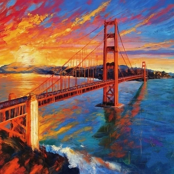 Original Small Landscape Paintings, Heavy Texture Canvas Art, Small Palette Knife Oil Paintings, Easy Landscape Painting Ideas, Simple Small Canvas Paintings, Golden Gate Bridge Sunrise Painting-HomePaintingDecor