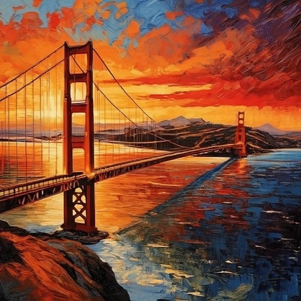 Heavy Texture Canvas Art, Small Palette Knife Oil Paintings, Original Small Landscape Paintings, Golden Gate Bridge Sunset Painting, Easy Landscape Painting Ideas, Simple Small Canvas Paintings-HomePaintingDecor