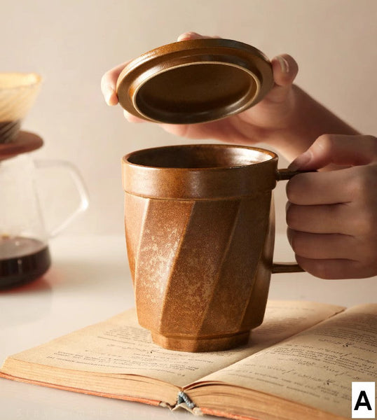 Creative Brown Green Blue Black Ceramic Coffee Mugs, Large Modern Handmade Pottery Coffee Cup, Large Unique Tea Cup, Large Capacity Coffee Mug with Cover