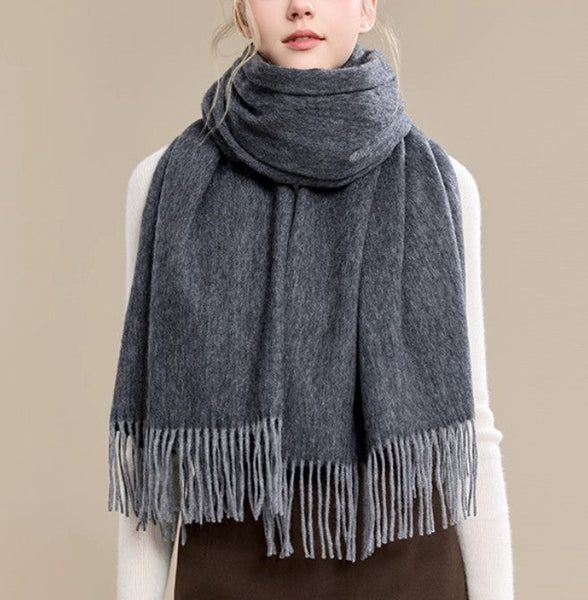 Gifts for Her, Long Wool Scarf, Soft Wool Scarf for Women, Black and Medium Gray Fashion Scarf, Warm Cape, Evening Wrap, Christmas Gift, Winter Shawl, Elegant Shawl-HomePaintingDecor