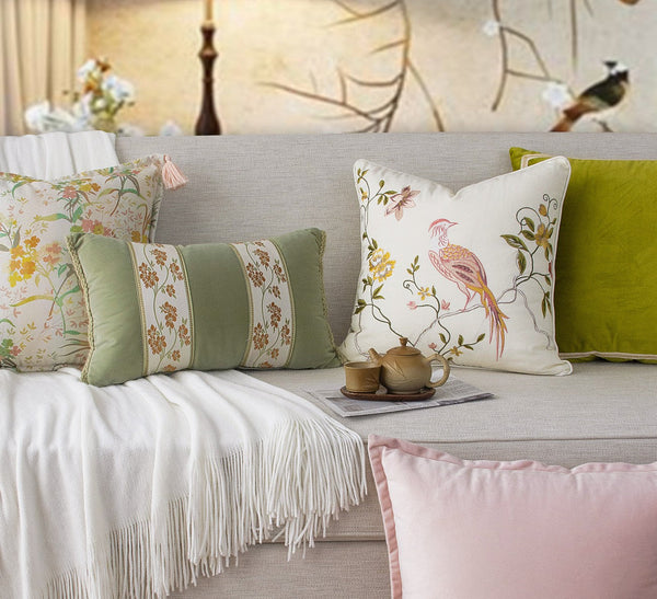 Living Room Decorative Pillows, Modern Decorative Cushions, Decorative Pillows for Bed, Decorative Pillow Arrangement Ideas for Interior Design, Embroidered Floral Bird Pattern Pillow Covers-HomePaintingDecor