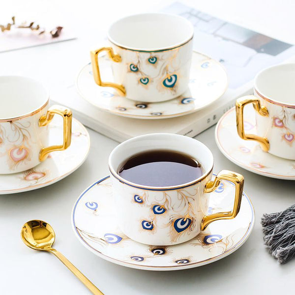 Peacock Tail Pattern Porcelain Coffee Cups, British Tea Cups, Coffee Cups with Gold Trim and Gift Box, Tea Cups and Saucers-HomePaintingDecor