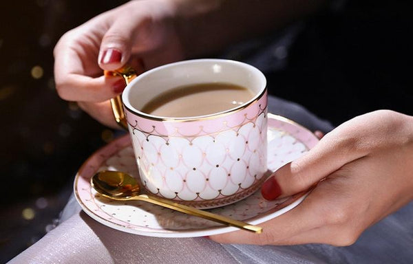 Latte Coffee Cups with Gold Trim and Gift Box, British Tea Cups, Elegant Porcelain Coffee Cups, Tea Cups and Saucers-HomePaintingDecor