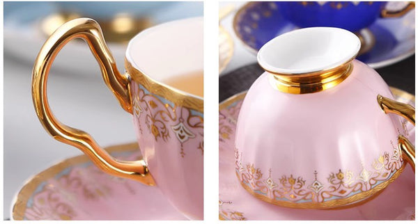 Unique British Tea Cup and Saucer in Gift Box, Pink Blue White Porcelain Tea Cup Saucer Set, Elegant British Ceramic Coffee Cups for Traditional Afternoon Tea-HomePaintingDecor
