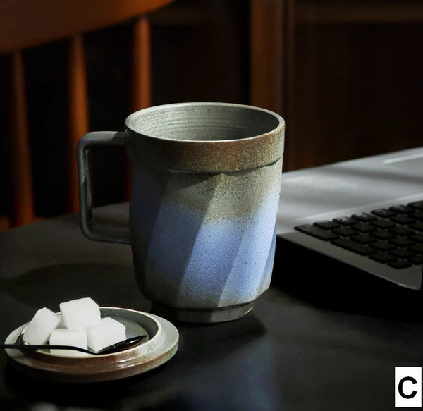 Creative Brown Green Blue Black Ceramic Coffee Mugs, Large Modern Handmade Pottery Coffee Cup, Large Unique Tea Cup, Large Capacity Coffee Mug with Cover