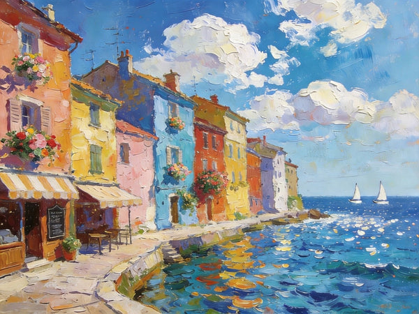 Canvas Paintings for Living Room, Coatal Town Beauty Spot, Hand Painted Canvas Art, BuyOil Paintings Online, Small Wall Art Paintings, Original Landscape Paintings-HomePaintingDecor