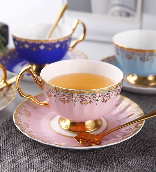 Unique British Tea Cup and Saucer in Gift Box, Pink Blue White Porcelain Tea Cup Saucer Set, Elegant British Ceramic Coffee Cups for Traditional Afternoon Tea-HomePaintingDecor
