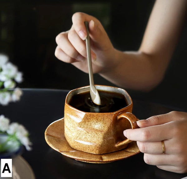 Unique Tea Cup and Saucer, 8 oz Modern Handmade Pottery Coffee Cup, Creative Ceramic Coffee Cup with Saucer, Tea Cup Set for Traditional Afternoon Tea-HomePaintingDecor