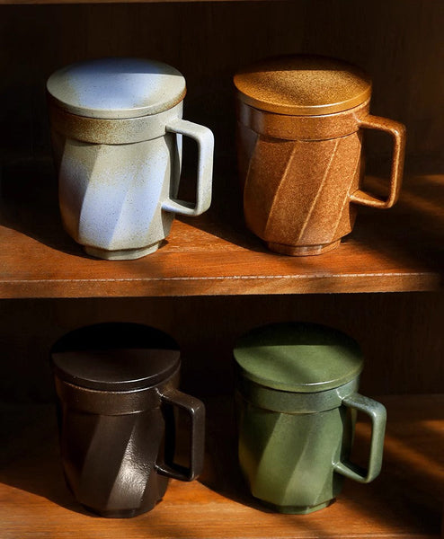 Creative Brown Green Blue Black Ceramic Coffee Mugs, Large Modern Handmade Pottery Coffee Cup, Large Unique Tea Cup, Large Capacity Coffee Mug with Cover