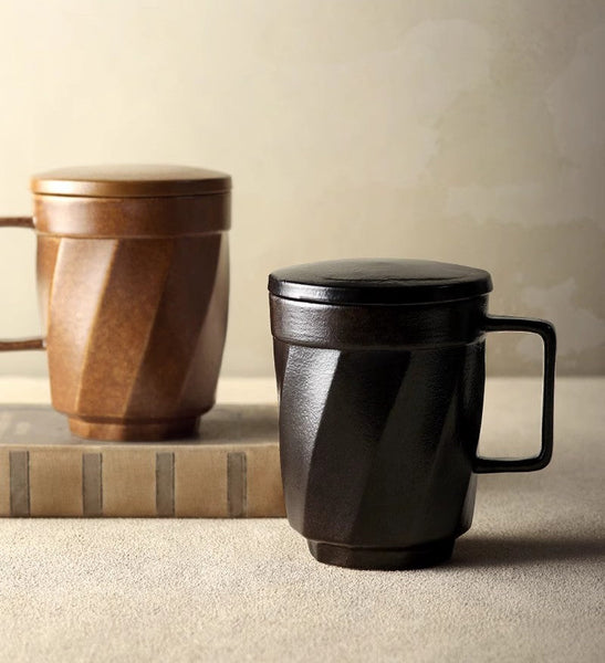 Creative Brown Green Blue Black Ceramic Coffee Mugs, Large Modern Handmade Pottery Coffee Cup, Large Unique Tea Cup, Large Capacity Coffee Mug with Cover-HomePaintingDecor