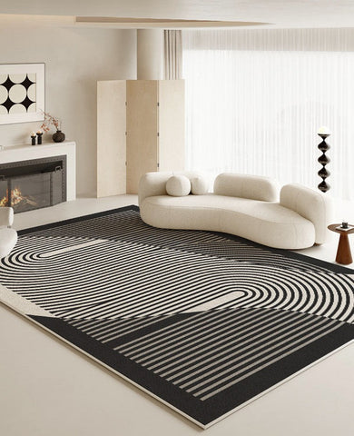 Geometric Contemporary Rugs Next to Bed, Black Stripe Contemporary Modern Rugs, Modern Rugs for Living Room, Modern Rugs for Dining Room-HomePaintingDecor