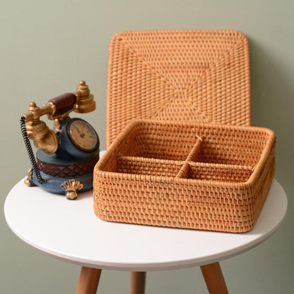 Storage Basket with Lid, Rattan Square Basket, Storage Basket with Lid, Kitchen Storage Baskets-HomePaintingDecor