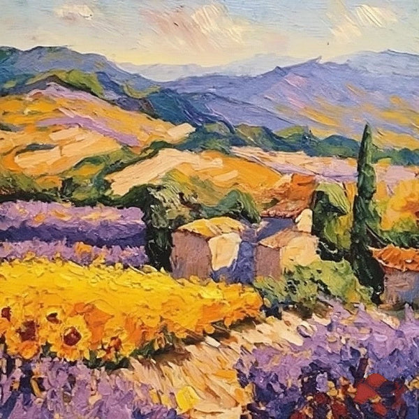 Original Small Landscape Paintings, Simple Small Canvas Paintings, Provence Lavender and Sunflower Field Cypress Tree Painting, Heavy Texture Canvas Art, Easy Landscape Painting Ideas-HomePaintingDecor
