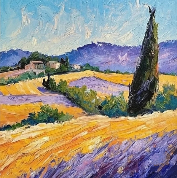 Original Small Landscape Paintings, Heavy Texture Acrylic Artwork, Easy Landscape Painting Ideas, Provence Lavender Field Cypress Tree Painting, Simple Small Canvas Paintings-HomePaintingDecor