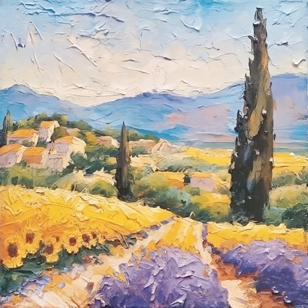 Heavy Texture Canvas Art, Easy Landscape Painting Ideas, Original Small Landscape Paintings, Simple Small Canvas Paintings, Provence Lavender and Sunflower Field Cypress Tree Painting-HomePaintingDecor