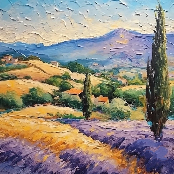 Original Small Landscape Paintings, Provence Lavender Field Cypress Tree Painting, Simple Small Canvas Paintings, Heavy Texture Acrylic Artwork, Easy Landscape Painting Ideas-HomePaintingDecor