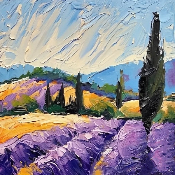 Original Small Landscape Paintings, Provence Lavender Field Cypress Tree Painting, Simple Small Canvas Paintings, Heavy Texture Acrylic Artwork, Easy Landscape Painting Ideas-HomePaintingDecor
