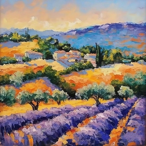 Small Hand Painted Art, Heavy Texture Hand Painted Art, Easy Landscape Painting Ideas, Provence Lavender Field Cypress Tree Painting, Simple Small Canvas Paintings-HomePaintingDecor
