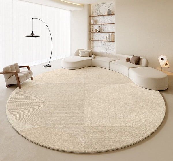 Modern Rugs for Living Room, Contemporary Cream Color Rugs for Bedroom, Circular Modern Rugs under Chairs, Geometric Round Rugs for Dining Room-HomePaintingDecor