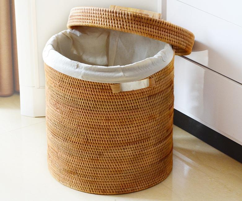 Large Laundry Storage Basket with Lid, Large Rattan Storage Basket for Bathroom, Woven Round Storage Basket for Clothes-HomePaintingDecor