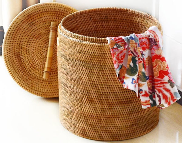 Large Laundry Storage Basket with Lid, Large Rattan Storage Basket for Bathroom, Woven Round Storage Basket for Clothes-HomePaintingDecor