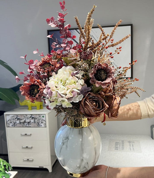 Large Bunch of Flowers Arrangement Interior Design, Creative Modern Artificial Floral Arrangement, Creative Faux Silk Floral Bouquet Table Centerpiece-HomePaintingDecor