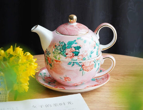 Mother-and-Baby Teapot with Matching Saucer, Vintage Style Stackable Tea Pot Set, Ceramic Tea Pot with Integrated Cup, English Style Tea Pot and Cup Set-HomePaintingDecor